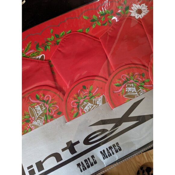 Lintex Holiday Napkin Placemat Coaster Set Service for 4 Red Bells Holly NOS Vtg - Picture 3 of 5